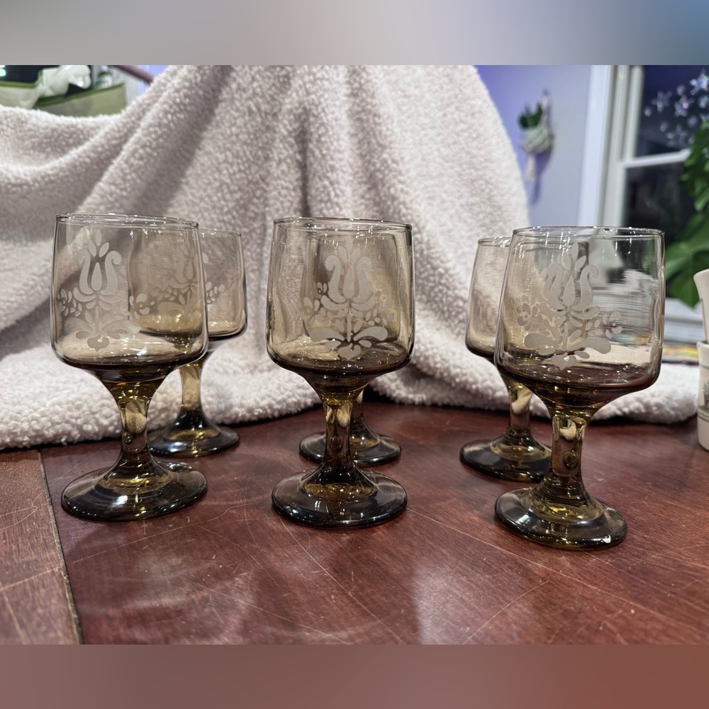Pfaltzgraff Village Etched Wine Glasses + Water Goblets Amber Brown DISCONTINUED